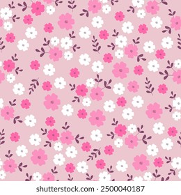 Seamless pattern with pink and white flower blossom garden. Cute hand drawn floral pattern for your fabric, summer background, wallpaper, backdrop, textile.	