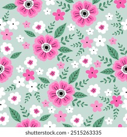 Patrón sin fisuras con jardín de flores de color rosa y blanco. Lindo patrón floral dibujado a mano para su tela, fondo de verano, Fondo de pantalla, telón de fondo, textil.