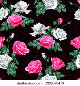 Seamless pattern of pink and white flowers roses and leaves.