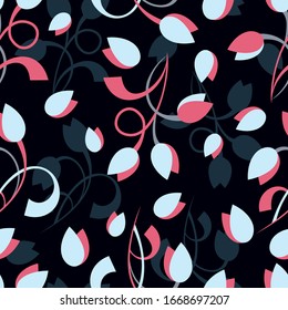 Seamless pattern with pink and white flowers on a dark background