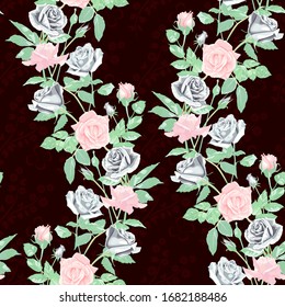 Seamless pattern of pink and white flowers roses and leaves.