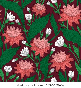 SEAMLESS-PATTERN MIT ROINK-WEISSEN BLUMEN AUF BURGUNDY HINTERGRUND IM VEKTOR