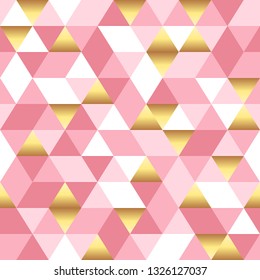 Seamless pattern of pink, white and golden triangles.