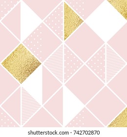 Seamless pattern with pink, white and golden rhombus. Abstract vector illustration