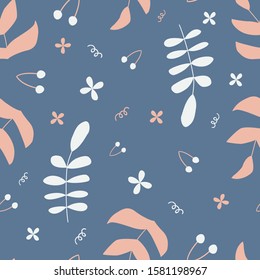 Seamless pattern with pink and white hand drawn foliage, branches, leaves, flowers on blue background. Simple floral pattern in doodle style. Wrapping, textile design. Stock vector illustration.