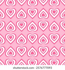 Seamless pattern of pink and white heart shapes with concentric lines. Ideal for romantic themes such as Valentine's Day, invitation cards, backgrounds, packaging, or fabric patterns.