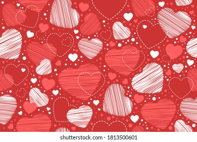 Patrón sin foco de corazones rosados y blancos sobre un fondo rojo. Ilustración vectorial. Antecedentes románticos para los amantes