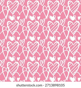 Patrón sin fisuras de color rosa con corazones blancos de diferentes tamaños y Formas, dibujado a mano