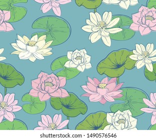 seamless pattern with pink and white lotuses