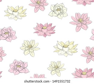 Seamless pattern with pink and white lotuses