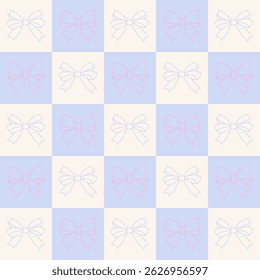 Padrão contínuo com arcos de fita rosa e branca no fundo azul pastel e xadrez creme. Design feminino bonito para tecido, papel de presente, papel de carta e decoração romântica.