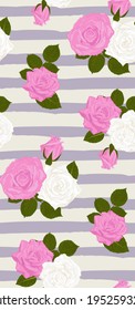 Patrón de flores rosa rosas y blancas sin foco sobre fondo morado geométrico. 