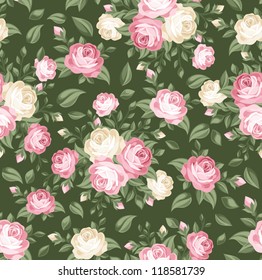 Seamless pattern with pink and white roses. Vector illustration.