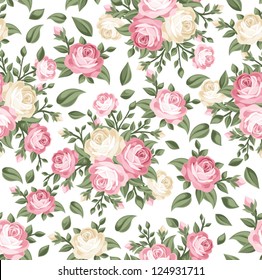 Seamless pattern with pink and white roses. Vector illustration.