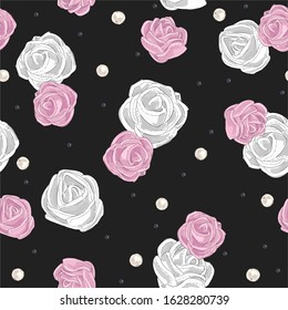 Seamless pattern with pink and white roses, pearls and beads on black background. Vector illustration, eps 10