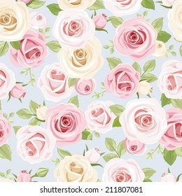 Seamless pattern with pink and white roses on blue. Vector illustration.