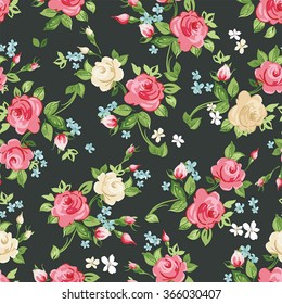 Seamless pattern with pink and white roses on black background, vector illustration