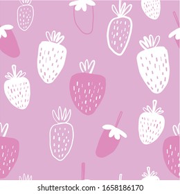 Seamless pattern of pink and white strawberries - vector illustration. Childish. Scandinavian style. Stylish repeating texture. 