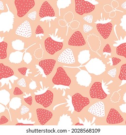 Seamless pattern  with pink and white Strawberries, leaves. Vector background