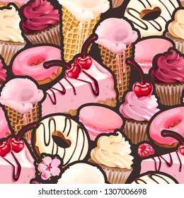 Seamless pattern with pink and white sweets