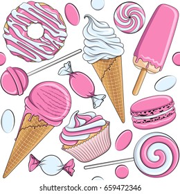 Seamless pattern with pink and white sweets. Vector illustration.