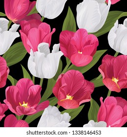 Seamless pattern of pink and white tulip flowers background. Vector set of blooming floral for holiday invitations, greeting card and fashion design.