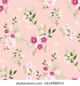 Seamless pattern with pink, white and yellow flowers on a pastel background, watercolor style. Blooming spring or summer meadow seamless pattern. Liberty style trendy floral. 