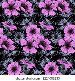 Seamless pattern pink wild flowers on abstract background. Vector illustration doodle hand drawn.For used wallpaper design, textile fabric or wrapping paper.