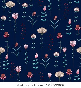 Seamless pattern Pink Wild flowers and green leaves on dark blue background.Vector illustration watercolor hand drawn doodle.