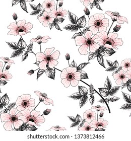 Seamless pattern pink wild rose flowers on pastel background.Vector illustration hand drawing doodle.For used wallpaper design,textile fabric or wrapping paper.