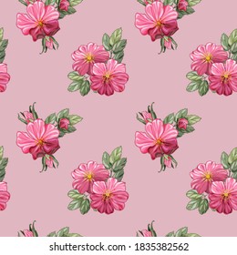 Seamless pattern with pink wild roses. Endless texture for floral design.