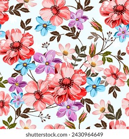 Seamless pattern of pink wild roses with sweet little flowers. in the spring on a light background
For fabric and wallpaper gift wrapping paper