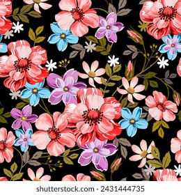 Seamless pattern of pink wild roses with sweet little flowers. in the spring on a black background
For fabric and wallpaper gift wrapping paper