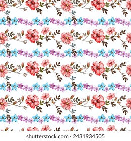 Seamless pattern of pink wild roses and sweet little flowers. on a white background
For fabric and wallpaper gift wrapping paper