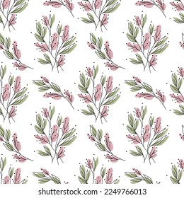 Seamless pattern with pink wildflowers. Soft bouquets. Vector illustration