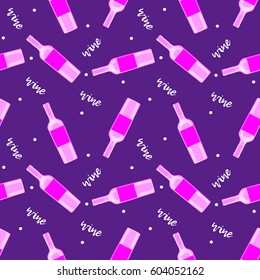 Seamless pattern with pink wine bottles in hand drawn style on dark dark purple background.
