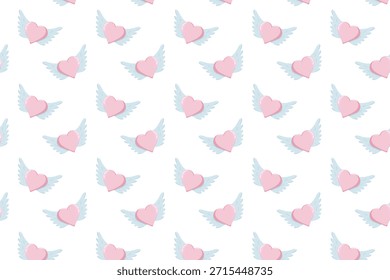 Seamless pattern of pink winged hearts on a clean white background. Playful romantic design for wrapping paper, textiles, stationery, party decor and Valentine themes with a soft pastel look