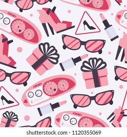 Seamless pattern with pink woman goods like suglasses, lipstick, shoes, gift, car control panel, speedometer on light background