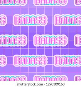 Seamless pattern with pink “Badass” words. Vector wallpaper with patches, stickers in pastel goth style. Feminine gradient background.