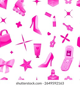 Padrão contínuo com elementos estéticos rosa Y2K, incluindo saltos Flip Phone Lipstick Roller Skates Bolsa Bow Perfume Tubo brincos e estrelas no fundo branco