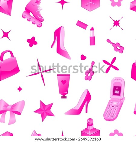 Seamless Pattern with Pink Y2K Aesthetic Elements Including Heels Flip Phone Lipstick Roller Skates Handbag Bow Perfume Tube Earrings and Stars on White Background