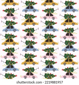 Seamless pattern with  pink, yellow and blue retro car with a fir tree. Vector illustration.