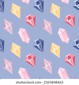 Seamless pattern of pink, yellow and blue crystals in flat cartoon style. 