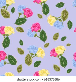 Seamless pattern with pink, yellow and blue roses. Hand-drawn floral background for printing on fabric, clothing, home textiles, wallpaper, gift wrapping. Romantic design.