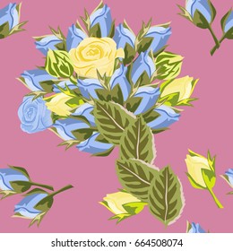 Seamless pattern with pink and yellow buds of roses. Hand-drawn floral background for printing on fabric, clothing, home textiles, wallpaper, gift wrapping. Romantic design.