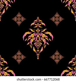 Seamless pattern in pink and yellow colors over black backdrop. Oriental ornament for textile print. Islamic vector design.