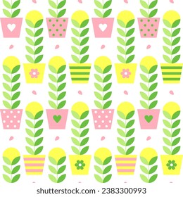 Seamless pattern with pink and yellow flower pots, cute geometric background for textile prints, wrapping paper, covers. Vector flat cartoon illustration