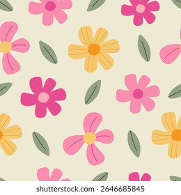 Patrón sin fisuras con flor rosa y amarillo. Lindo patrón floral dibujado a mano para su tela, fondo de verano, Fondo de pantalla, telón de fondo, textil. Ilustración vectorial