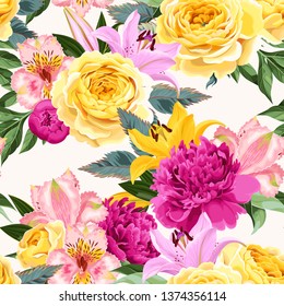 Seamless pattern with pink and yellow flowers