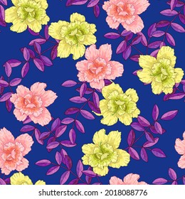 Patrón sin foco con flores amarillas rosadas y ramas con hojas moradas. Textura para impresión, tela, textil, papel pintado. Ilustración vectorial dibujada a mano. Sobre fondo negro.